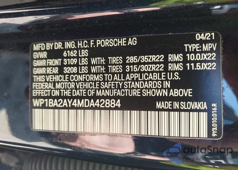 2021 Porsche Cayenne Coupe из США, поврежденный, VIN WP1BA2AY4MDA42884